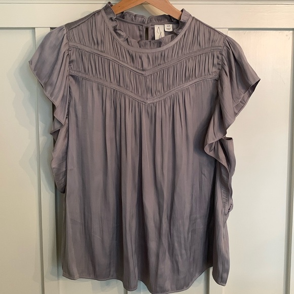 Joie Soft pearl grey mauve satin flutter sleeve blouse with gathered front - Picture 1 of 8